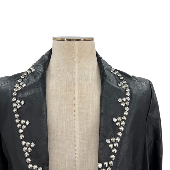 Cache Vintage Leather Jacket Cropped Studded Rhinestones Black Size Medium - Picture 3 of 11